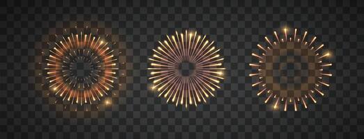 Exploding festival fireworks set, Isolated on dark background. Design concept for holiday banner, poster, flyer, greeting card, decorative. Realistic . vector