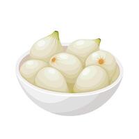 Illustration of pearl onions in a bowl, also known as button onions, baby onions or silverskin onions, isolated on white background. vector