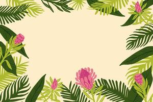 Summer floral frame green background with palm tree, monstera leaves, branches. Copy space. horizontal concept for summer party poster, flyer, web baner, invitation design. vector