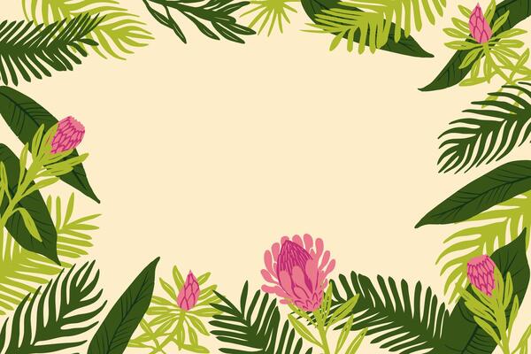 Summer floral frame green background with palm tree, monstera leaves, branches. Copy space. horizontal concept for summer party poster, flyer, web baner, invitation design.