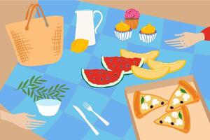 beautiful illustration of a beach picnic with fruits, soft drinks, pizza. Friendly party on the beach. Hand drawn illustration for poster, invitation vector