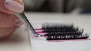 Eyelash Extension Procedure. Close-up of a master at work artificial eyelash extensions material. Hands of the master taking lashes from the set video