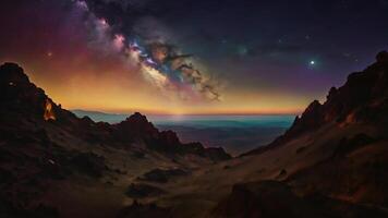 The dreamy animation of floating clouds and a sky full of galactic stars evokes the mysterious atmosphere of a clear-sky fantasy story. video