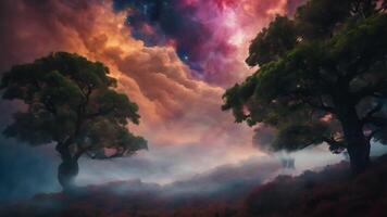 A digital artwork of clouds floating above mountains and trees, a dreamy, cinematic fantasy scene, where the glowing sky and serene atmosphere invite the viewer into a grand animated landscape. video