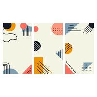 Elevate your digital project with abstract geometric patterns in pastel colors. Three vertical panels of minimalist shapes, lines, and dots offer a modern, eye catching design perfect for social media vector