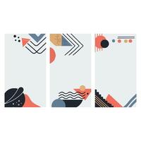 Elevate your digital project with abstract geometric patterns in pastel colors. Three vertical panels of minimalist shapes, lines, and dots offer a modern, eye catching design perfect for social media vector