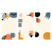 Elevate your digital project with abstract geometric patterns in pastel colors. Three vertical panels of minimalist shapes, lines, and dots offer a modern, eye catching design perfect for social media vector