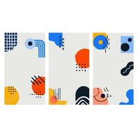 Elevate your digital project with abstract geometric patterns in pastel colors. Three vertical panels of minimalist shapes, lines, and dots offer a modern, eye catching design perfect for social media vector