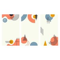Elevate your digital project with abstract geometric patterns in pastel colors. Three vertical panels of minimalist shapes, lines, and dots offer a modern, eye catching design perfect for social media vector
