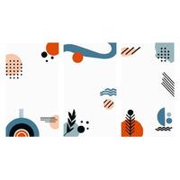 Elevate your digital project with abstract geometric patterns in pastel colors. Three vertical panels of minimalist shapes, lines, and dots offer a modern, eye catching design perfect for social media vector