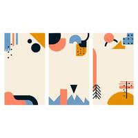 Elevate your digital project with abstract geometric patterns in pastel colors. Three vertical panels of minimalist shapes, lines, and dots offer a modern, eye catching design perfect for social media vector