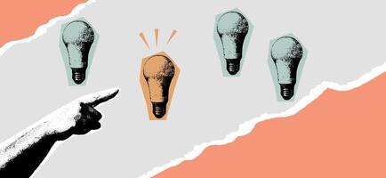 Retro business-themed collage with grainy photocopy texture, featuring vintage lightbulbs and hand, creating a nostalgic, minimalist aesthetic. illustration vector