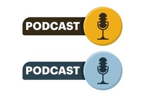 Podcast Concept. Badge, icon, stamp. speaking into microphone and recording audio podcast or live online interview. Browse audio currently listening on smartphone. podcast stock illustration. vector