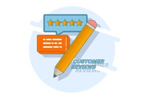 Online feedback concept. Write a comment about the product. Survey form. Pencil with five star customer reviews and speech bubble message. Forum with poll. Best rating. Flat illustration. vector