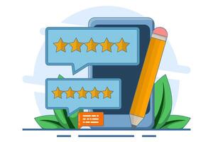 Online feedback concept. Write a comment about the product. Survey form. Pencil with five star customer reviews and speech bubble message. Forum with poll. Best rating. Flat illustration. vector