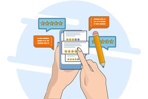 Online feedback concept. Write a comment about the product. Survey form. Pencil with five star customer reviews and speech bubble message. Forum with poll. Best rating. Flat illustration. vector