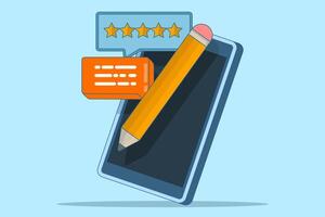 Online feedback concept. Write a comment about the product. Survey form. Pencil with five star customer reviews and speech bubble message. Forum with poll. Best rating. Flat illustration. vector