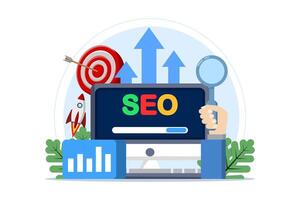 Search engine optimization concept, SEO growth, search engine optimization, analytics. Advertising campaign performance, target audience data, query monitoring. Digital marketing. illustration. vector