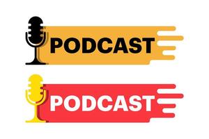 Podcast Concept. Badge, icon, stamp. speaking into microphone and recording audio podcast or live online interview. Browse audio currently listening on smartphone. podcast stock illustration. vector