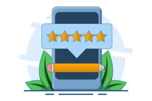 Online feedback concept. Write a comment about the product. Survey form. Pencil with five star customer reviews and speech bubble message. Forum with poll. Best rating. Flat illustration. vector