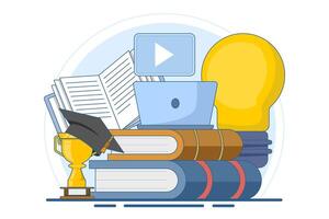 Concept of online education or distance learning, e-learning, online courses, online webinars, tutorials, webinars, online business training, computer education, flat illustration. vector