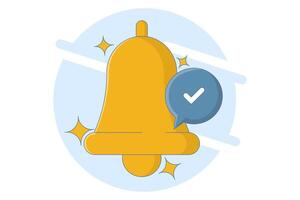 Alarm bell concept. Social media notification reminder. New alert concept for social media elements. Notification bell icon with floating colored objects. Flat illustration on background. vector