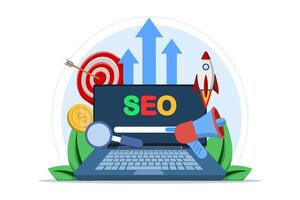 Search engine optimization concept, SEO growth, search engine optimization, analytics. Advertising campaign performance, target audience data, query monitoring. Digital marketing. illustration. vector