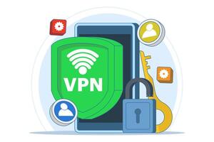 Virtual private network concept, Secure web traffic, Secure router access, Security on the internet, Encrypted data transfer, Remote server, VPN access, Digital personal data protection. . vector
