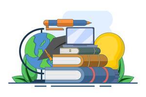 Concept of online education or distance learning, e-learning, online courses, online webinars, tutorials, webinars, online business training, computer education, flat illustration. vector