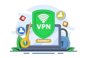 Virtual private network concept, Secure web traffic, Secure router access, Security on the internet, Encrypted data transfer, Remote server, VPN access, Digital personal data protection. . vector