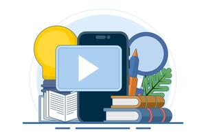 Concept of online education or distance learning, e-learning, online courses, online webinars, tutorials, webinars, online business training, computer education, flat illustration. vector