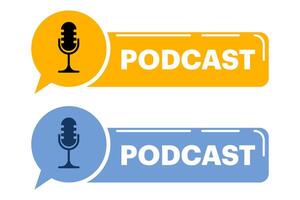 Podcast Concept. Badge, icon, stamp. speaking into microphone and recording audio podcast or live online interview. Browse audio currently listening on smartphone. podcast stock illustration. vector
