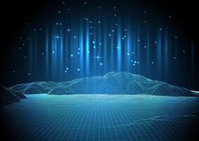 Retro digital wireframe landscape against an abstract starry sky vector