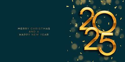 Elegant Happy New Year banner with gold numbers and confetti vector