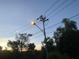 Street Lamp at Sunset. A street lamp illuminated against a backdrop of a setting sun, casting long shadows on the surrounding trees and power lines. photo