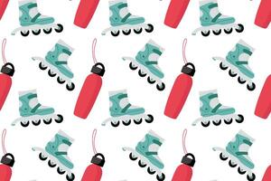 Pattern featuring roller skates and water bottles on a white background vector
