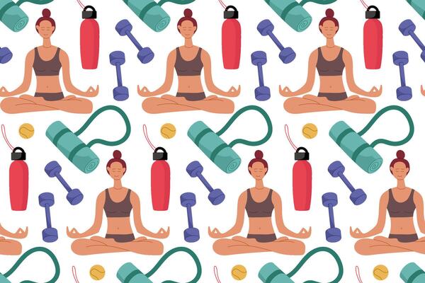 Wellness pattern featuring a woman meditating among fitness equipment in a cheerful design