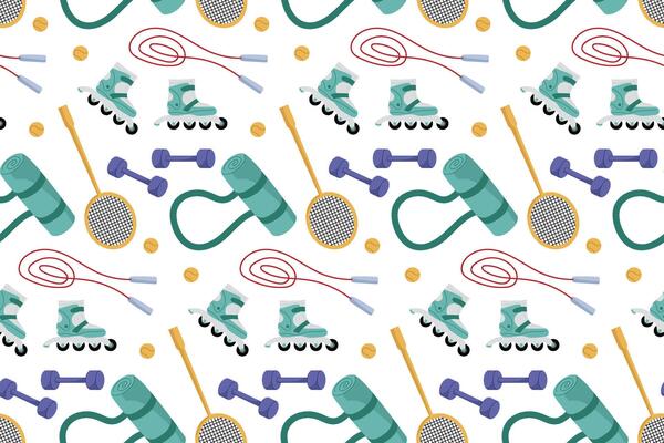 Colorful pattern of sports and fitness equipment with roller skates, weights, and badminton rackets