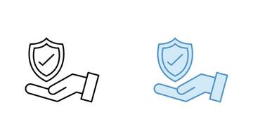 Insurance hand line and flat icon set. Shield with checkmark on hand symbol. Protection icon. vector