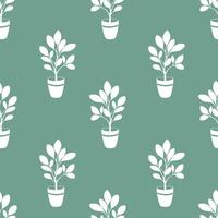 Indoor tree plant in pot pattern. Flower Pots. Hand drawn doodle silhouette white drawing, on green background. vector