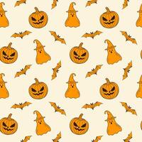 Scary Halloween orange pattern with creepy pumpkin, ghost in wizards hat and bat, in hand drawn doodle style. For background, backdrop, packaging. vector
