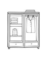 Wardrobe outline line drawing, simple drawing of closet with shelves and things, isolated on white background. vector