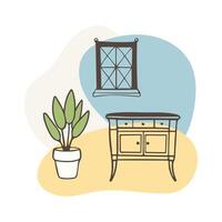 Cozy living room interior in Provence style with dresser of drawers and plants in pots near the window in Provencal style, simple pattern with harmonious shapes in background. vector