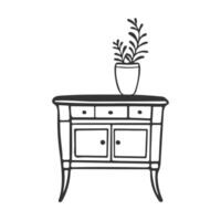 Chest of drawers with drawers is drawing contour doodle, on top there is flowerpot with houseplant. Isolated on white background. Interior element, Provence style. vector