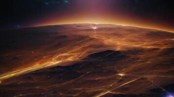A complex and infinite universe emerges from a planetary aura, revealing parallel dimensions and multidimensional space in this cosmic scene of universal expansion video