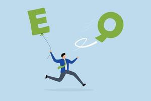 QE tapering FED, Frantic businessman rushes to grab deflating balloon adorned with letters Q and E. vector