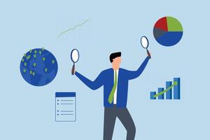 Business analysis, The intelligent businessman analyst is examining a graph and chart with a magnifying glass. vector