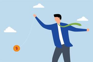 Bitcoin price swing like yoyo, Intelligent entrepreneur trader tosses Bitcoin back and forth. vector