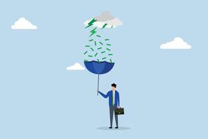 Make money idea, Wealthy entrepreneur is using an umbrella to gather money raining down from an investment storm. vector