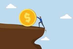 Debt, The businessman, feeling frustrated, puts in a lot of effort to push a large coin off the edge of a cliff. vector